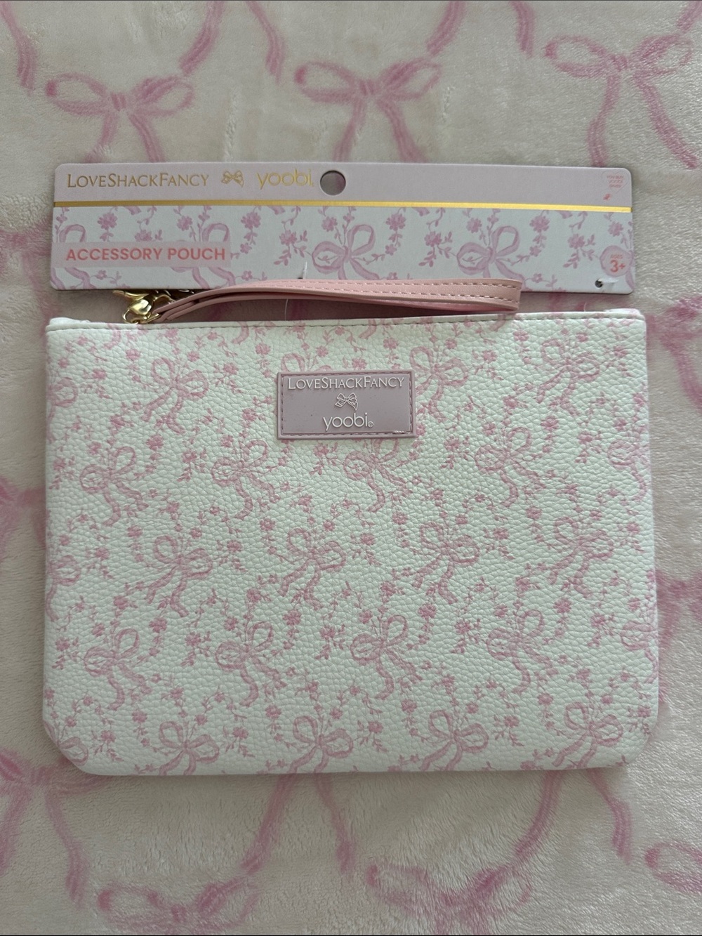 Yoobi x LoveShackFancy Pink & White Bow Print Accessory Pouch NWT